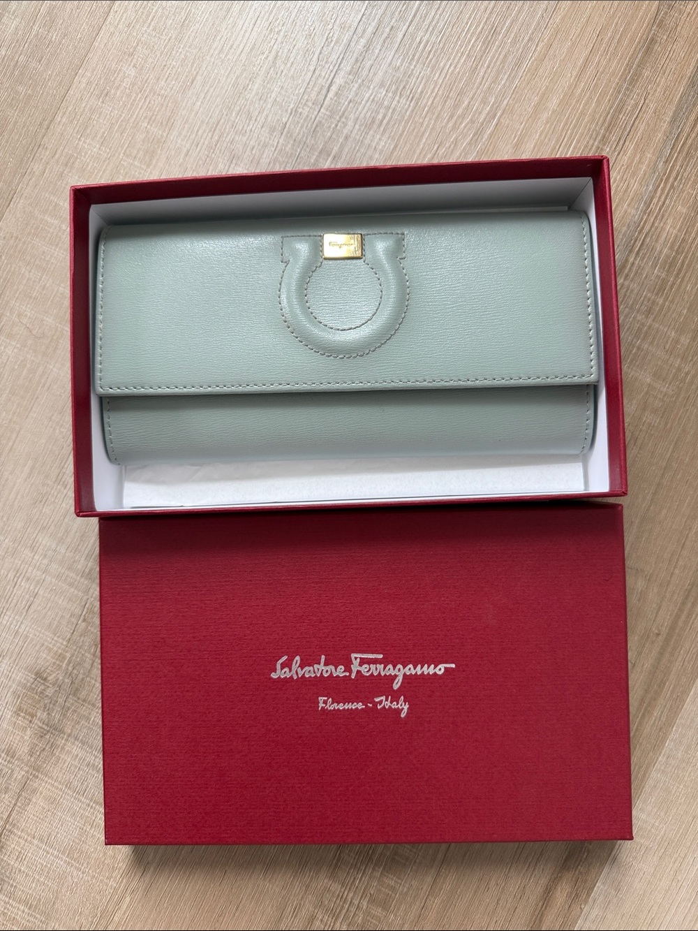 Salvatore Ferragamo Mint Green Leather Continental Wallet with Gancini Detail